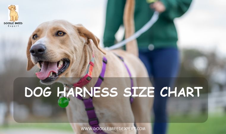 Dog harness size chart - happy dog walking in a harness