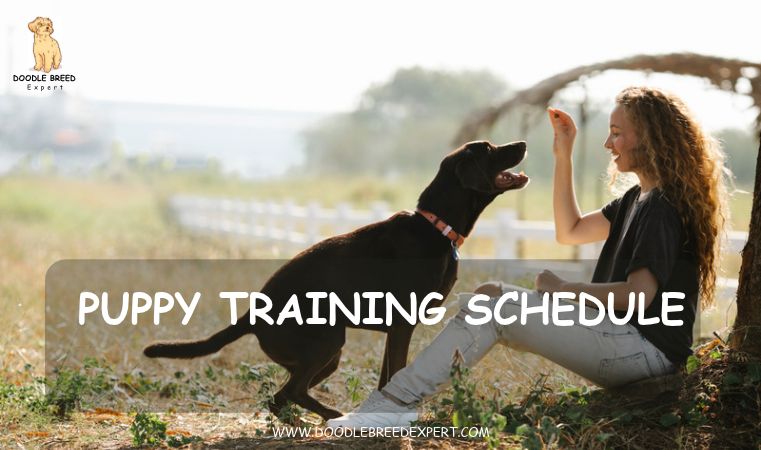 Puppy training schedule - woman training a dog with a treat